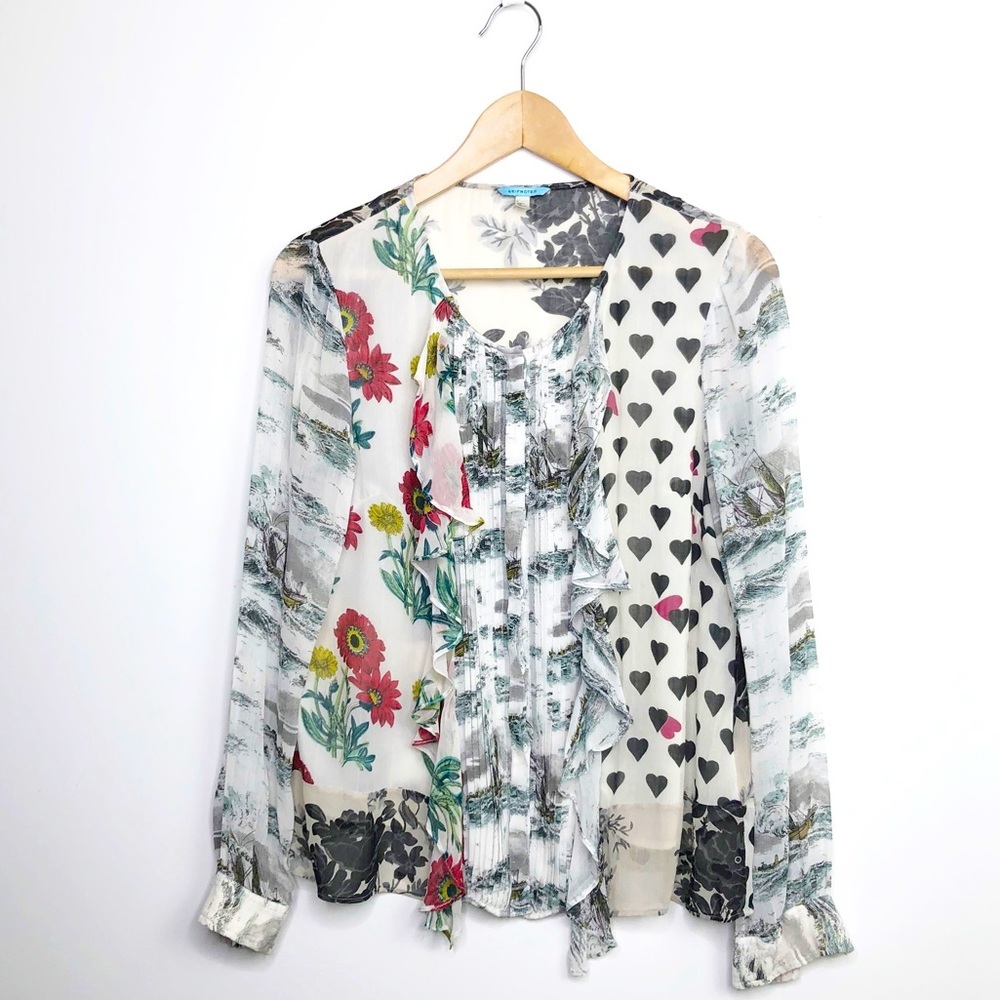 LEIFNOTES by Anthropologie Queen of spades sheer mixed media button down blouse